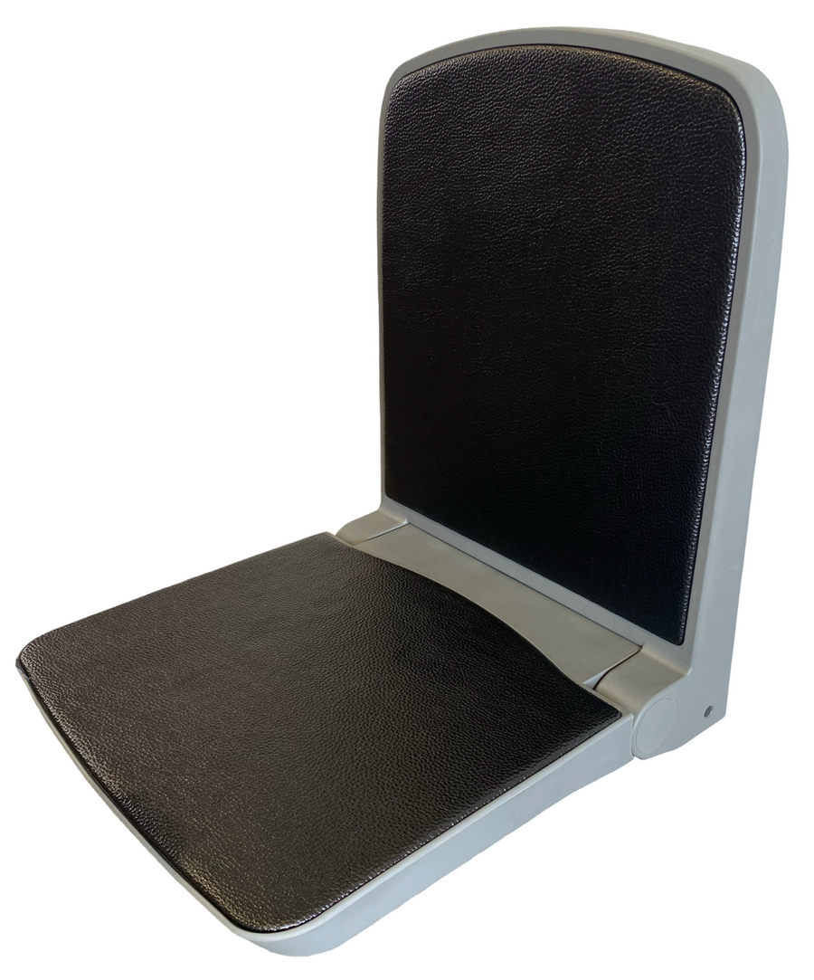 Side view of plastic flip-up seat in open position – space-saving design with gas strut support for boats, machinery, and public transport