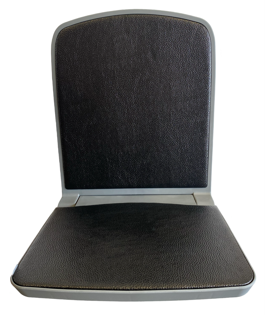Plastic folding flip-up seat in down position – waterproof ABS construction with compact wall-mounted design for marine and industrial use