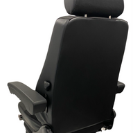 Rear view of heavy-duty air suspension seat with ergonomic backrest, durable fabric trim, and operator presence switch compatibility