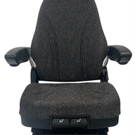 Front view of premium air suspension seat in black fleck fabric with full-height backrest – designed for excavators, loaders, and heavy machinery