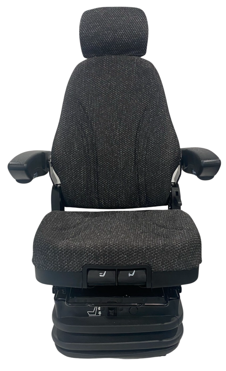 Front view of premium air suspension seat in black fleck fabric with full-height backrest – designed for excavators, loaders, and heavy machinery