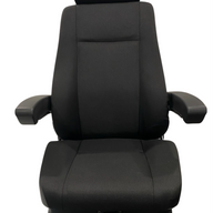 Front view of premium 24V air suspension seat in heavy-duty black fabric – designed for trucks, excavators, and earthmoving machinery