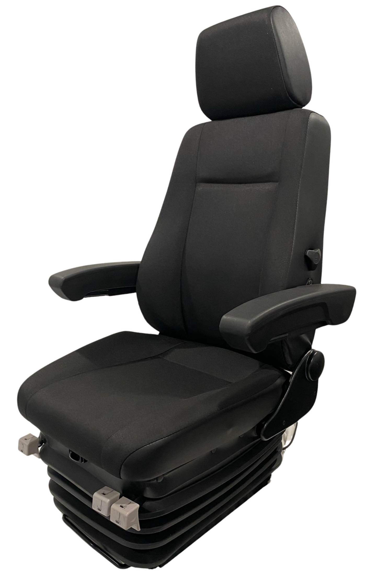 Left side profile of premium air suspension seat with adjustable armrest, lumbar support, and high-performance suspension system