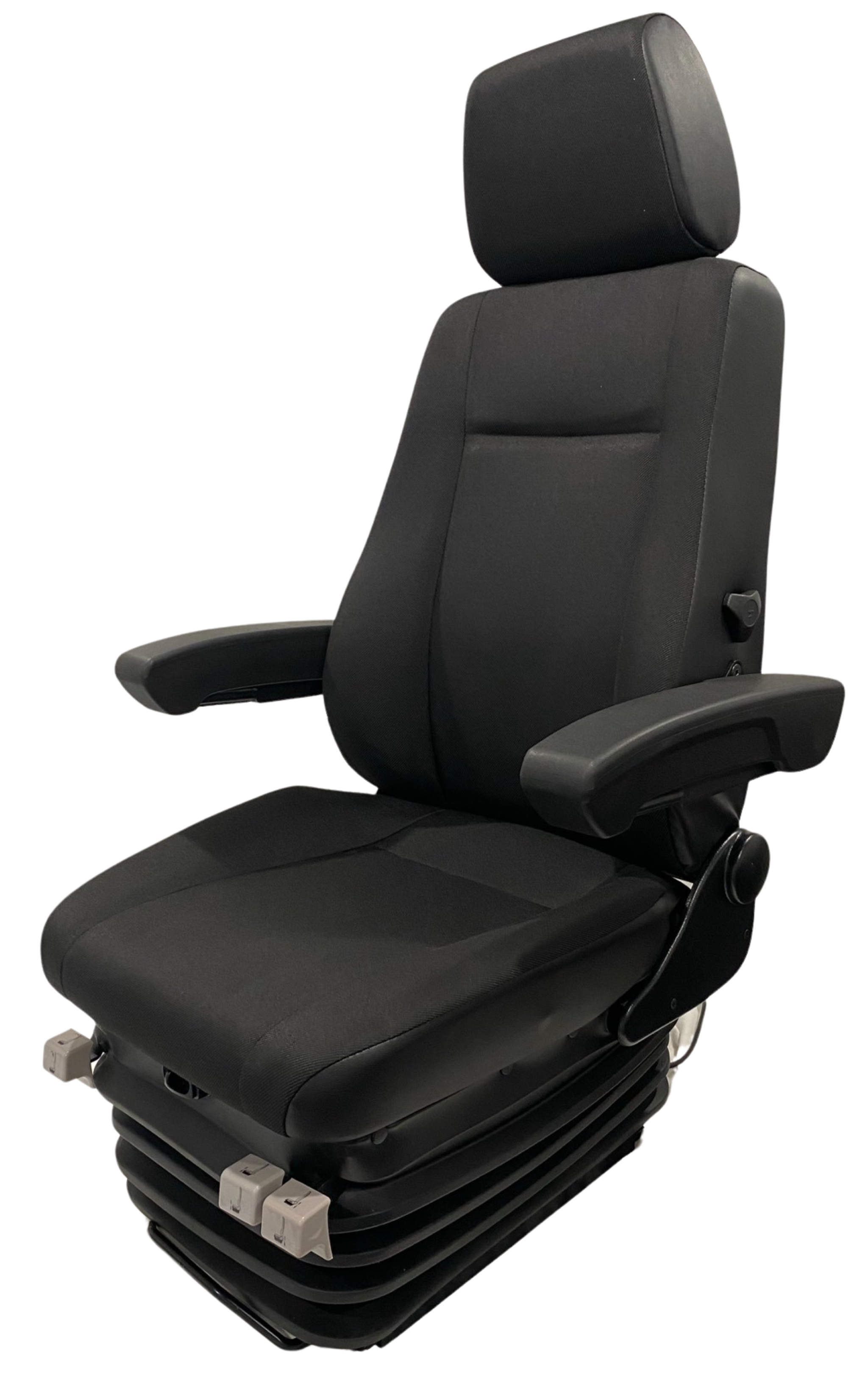 Left side profile of premium air suspension seat with adjustable armrest, lumbar support, and high-performance suspension system