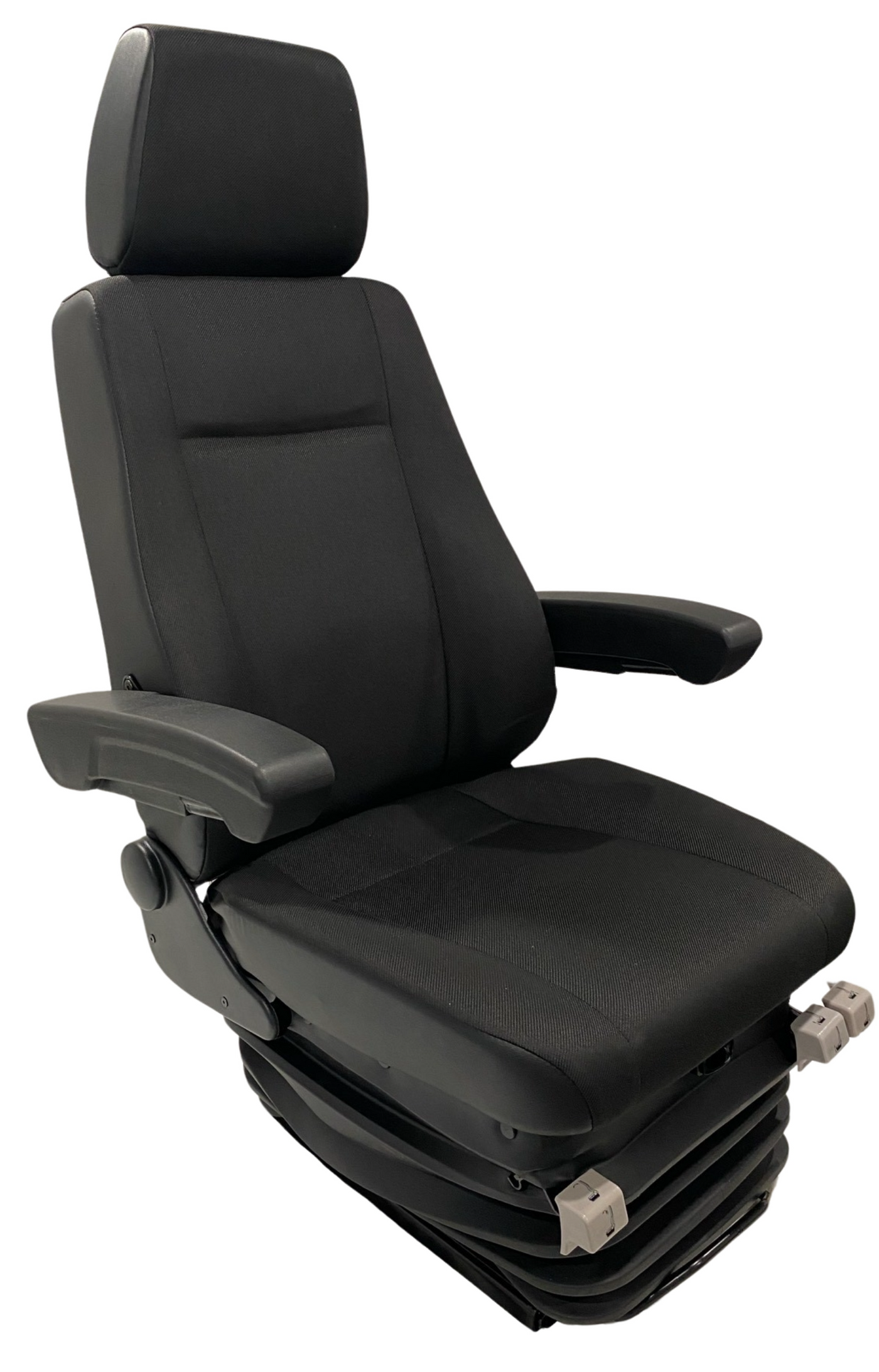 Right side profile of 24V air suspension seat showing ergonomic adjustments and durable black upholstery for heavy equipment