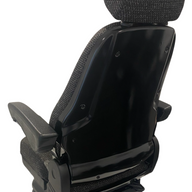 Rear view of air suspension seat in heavy-duty fabric with full-length backrest, lap seatbelt compatibility, and reinforced steel frame