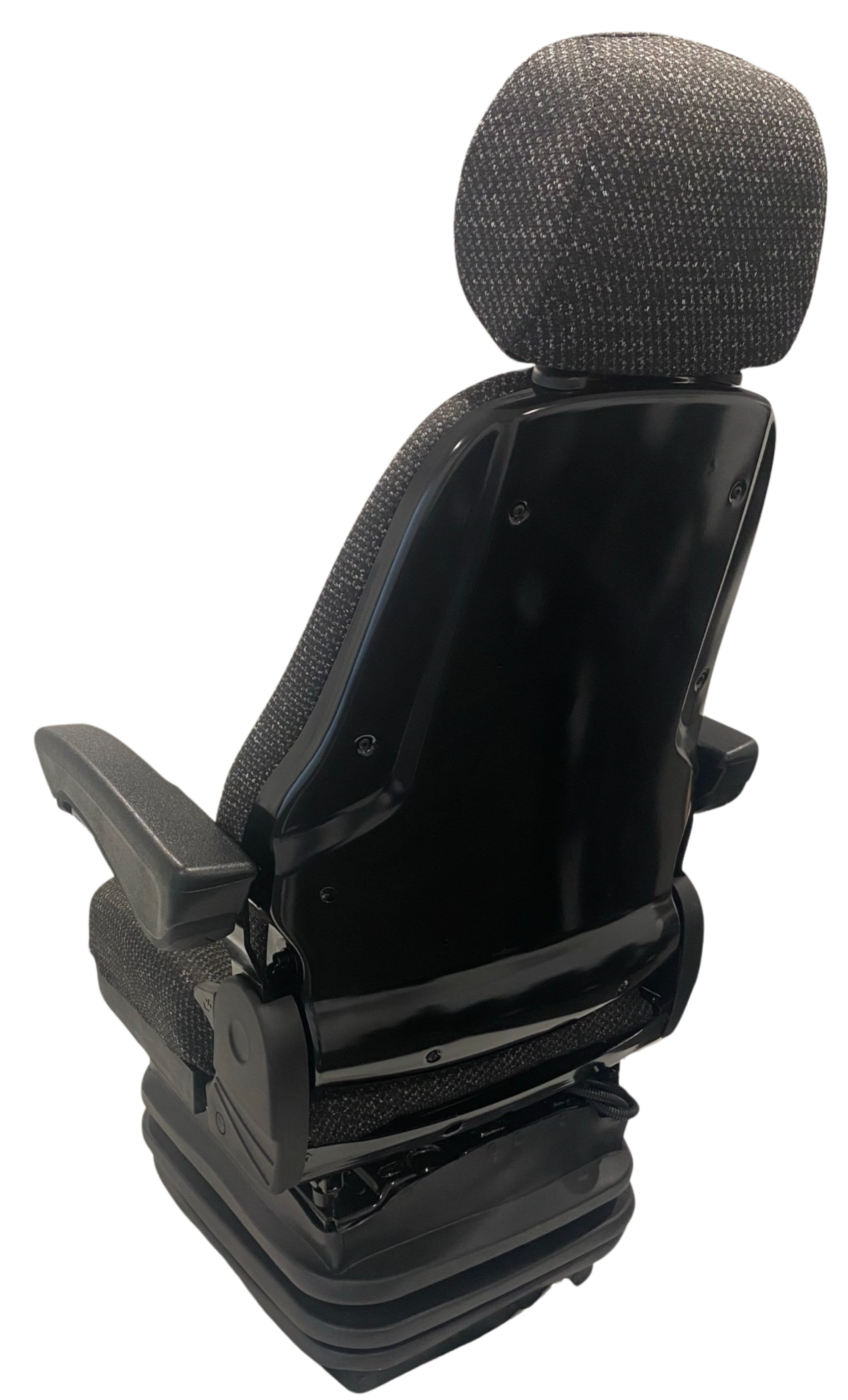 Rear view of air suspension seat in heavy-duty fabric with full-length backrest, lap seatbelt compatibility, and reinforced steel frame