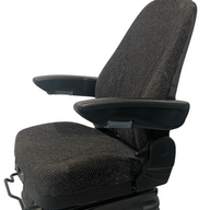 Left side profile of premium suspension seat showing adjustable armrest, cushion angle, and steel-backed frame for operator stability