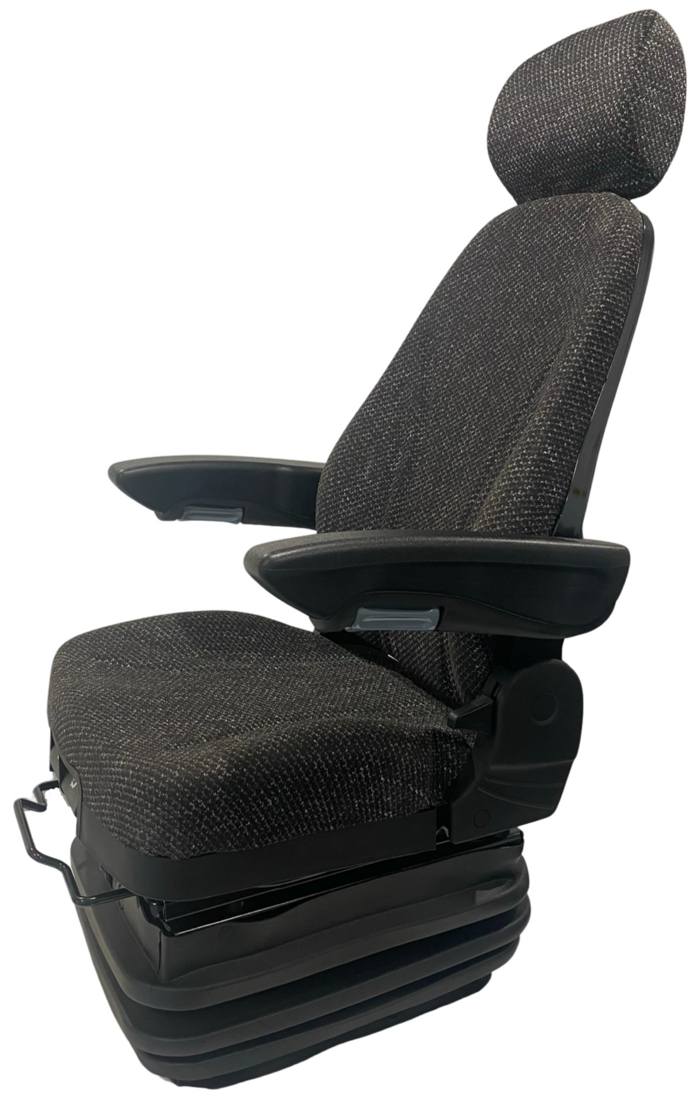 Left side profile of premium suspension seat showing adjustable armrest, cushion angle, and steel-backed frame for operator stability
