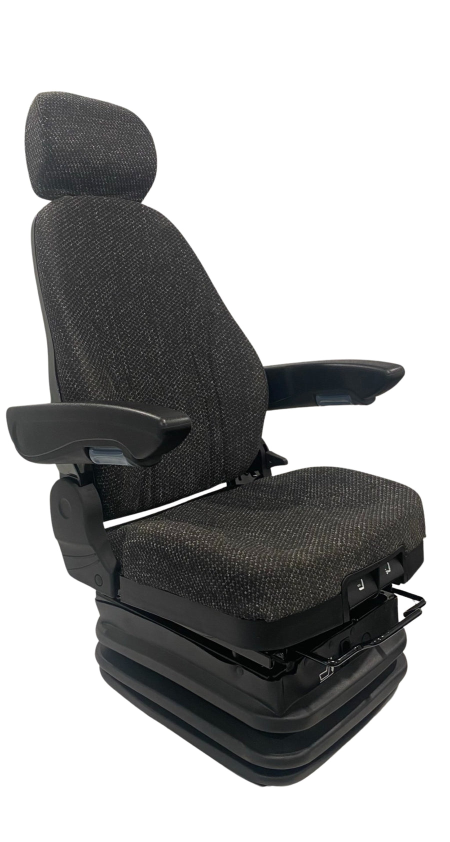 Right side profile of 12V air suspension seat in durable fabric trim with ergonomic adjustability and front-mounted controls