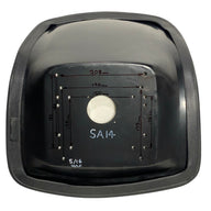 Underside view of SA14 steel pan seat showing multiple mounting hole patterns for compatibility with tractors, mowers, and compact equipment