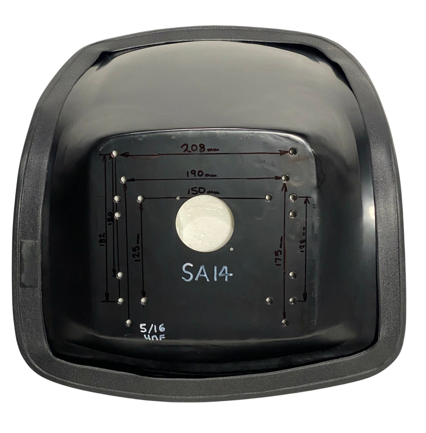 Underside view of SA14 steel pan seat showing multiple mounting hole patterns for compatibility with tractors, mowers, and compact equipment