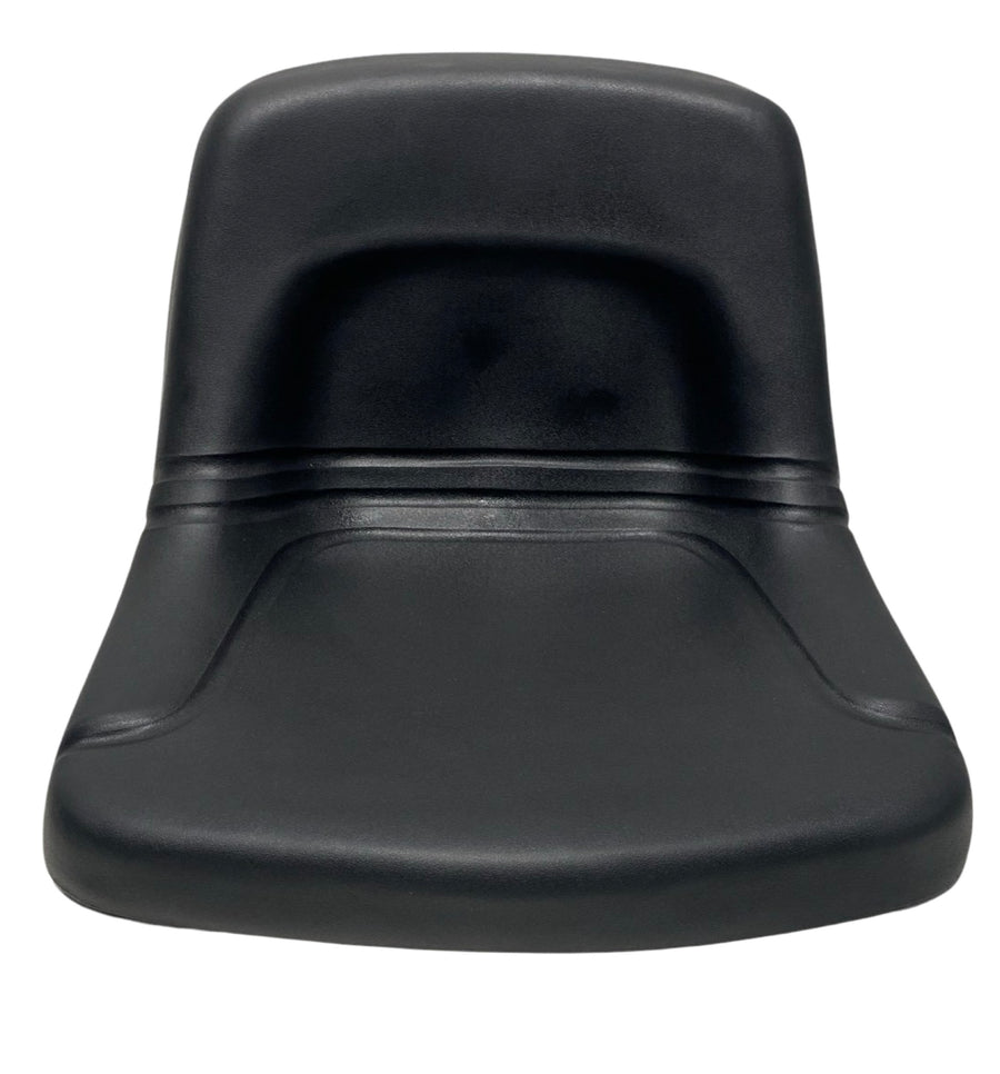 Front view of SA14 steel pan seat with black molded rubber cover and foam padding – ideal for lawnmowers, compact tractors, and small machinery