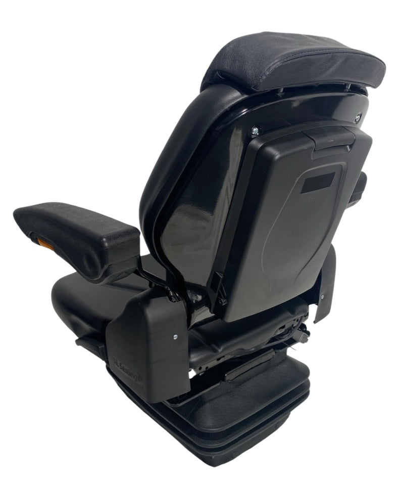 Rear view of SC10 suspension seat featuring document box, operator present switch, and integrated lap seatbelt