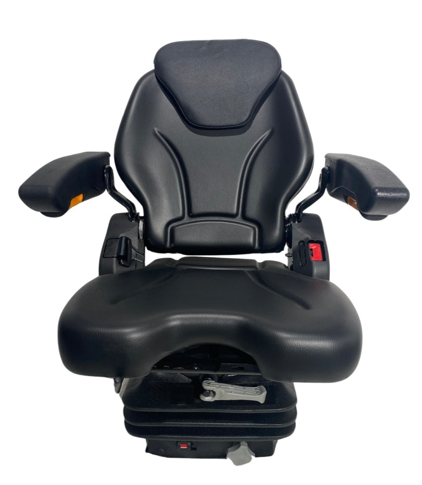 Front view of SC10 mechanical suspension seat with narrow suspension base, padded waterproof PU vinyl trim, and lap seatbelt