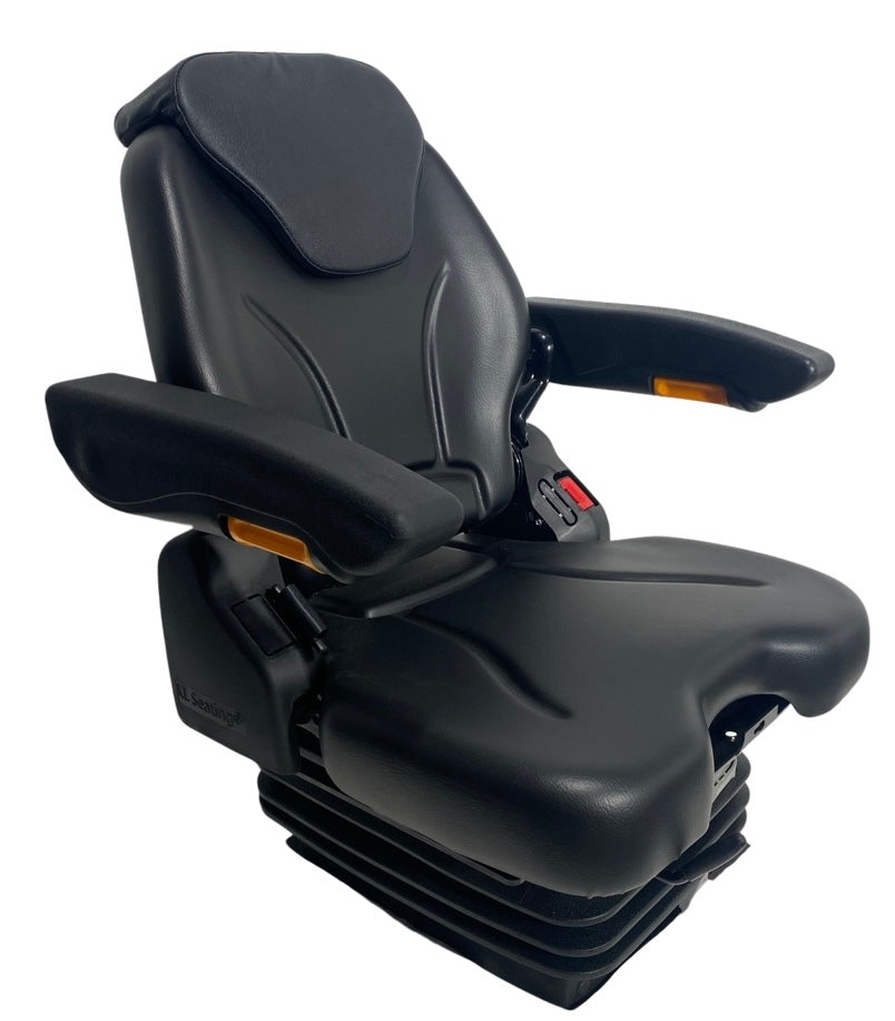 Right side profile of SC10 suspension seat showing adjustable backrest, armrest, and compact suspension design for small tractors