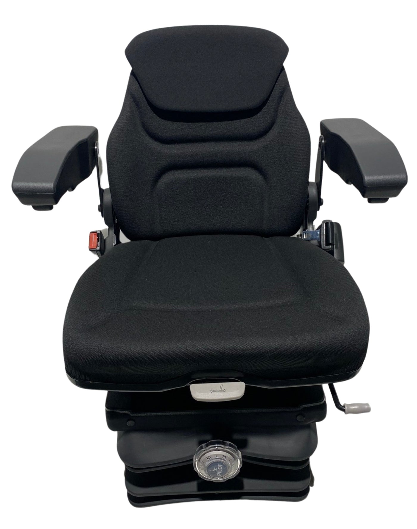 Front view of SC13 mechanical suspension seat – replacement for Grammer MSG85-95, with adjustable backrest, armrests, and lumbar support