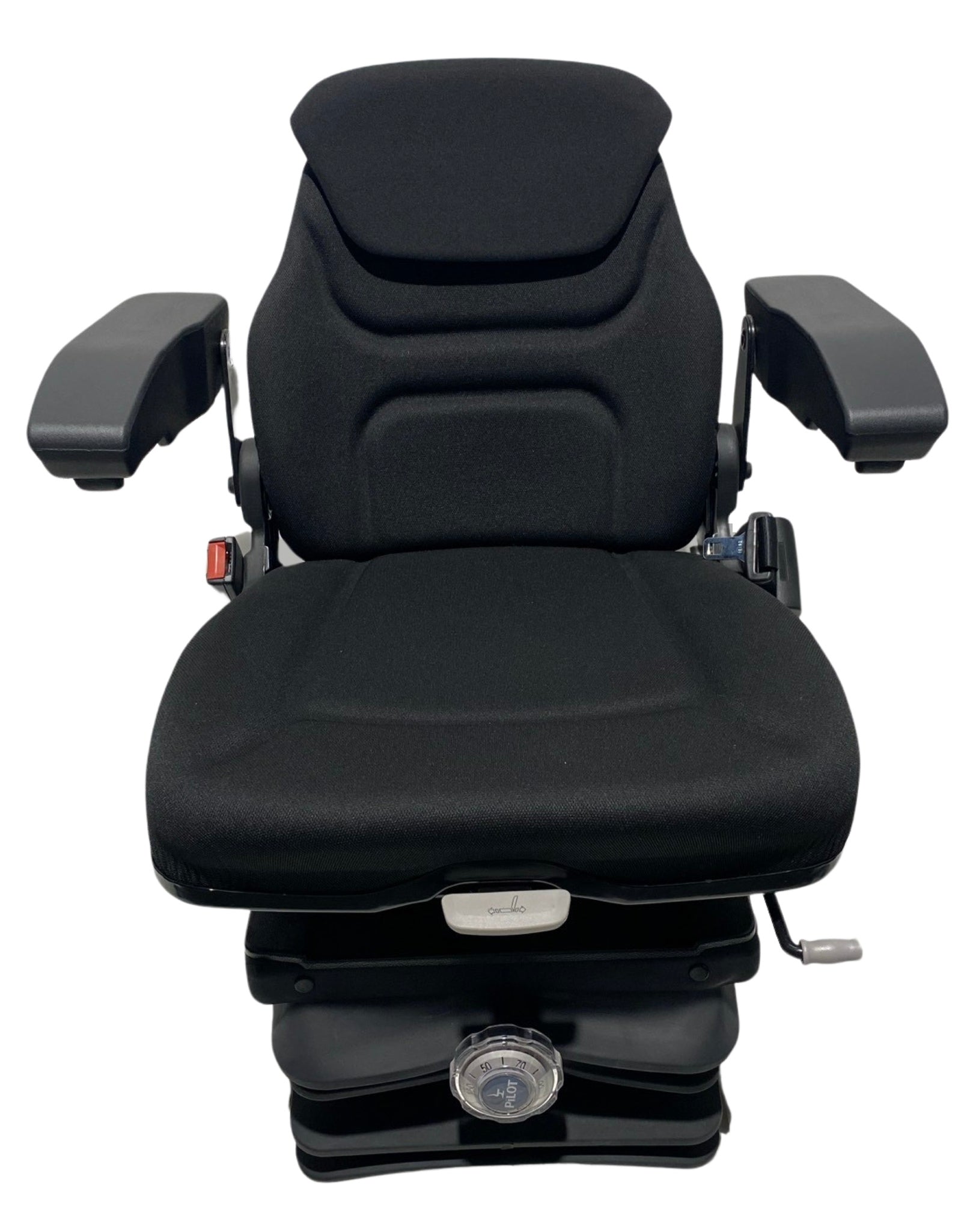 Front view of SC13 mechanical suspension seat – replacement for Grammer MSG85-95, with adjustable backrest, armrests, and lumbar support