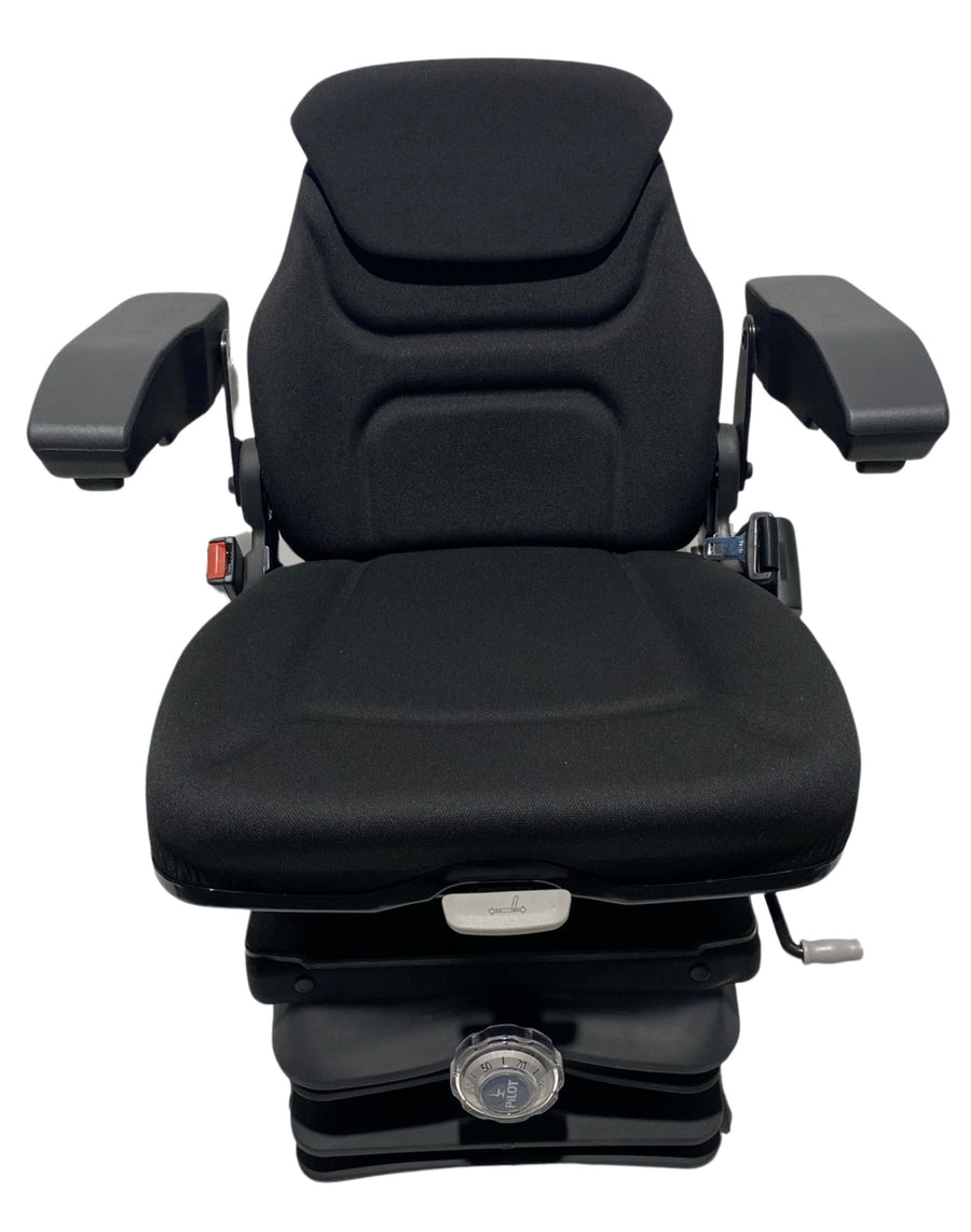 Front view of SC13 mechanical suspension seat – replacement for Grammer MSG85-95, with adjustable backrest, armrests, and lumbar support
