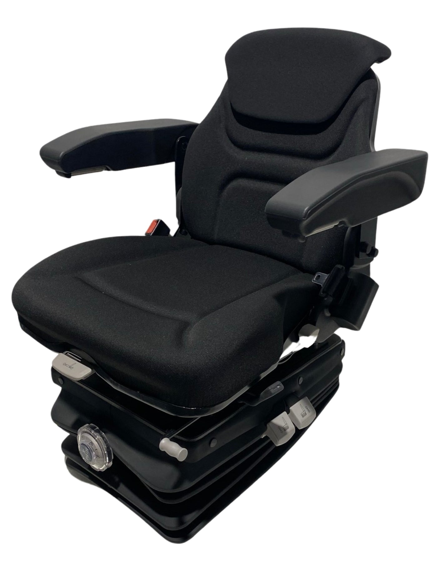 Left side view of SC13 mechanical suspension seat showing ergonomic adjustments and premium fabric trim