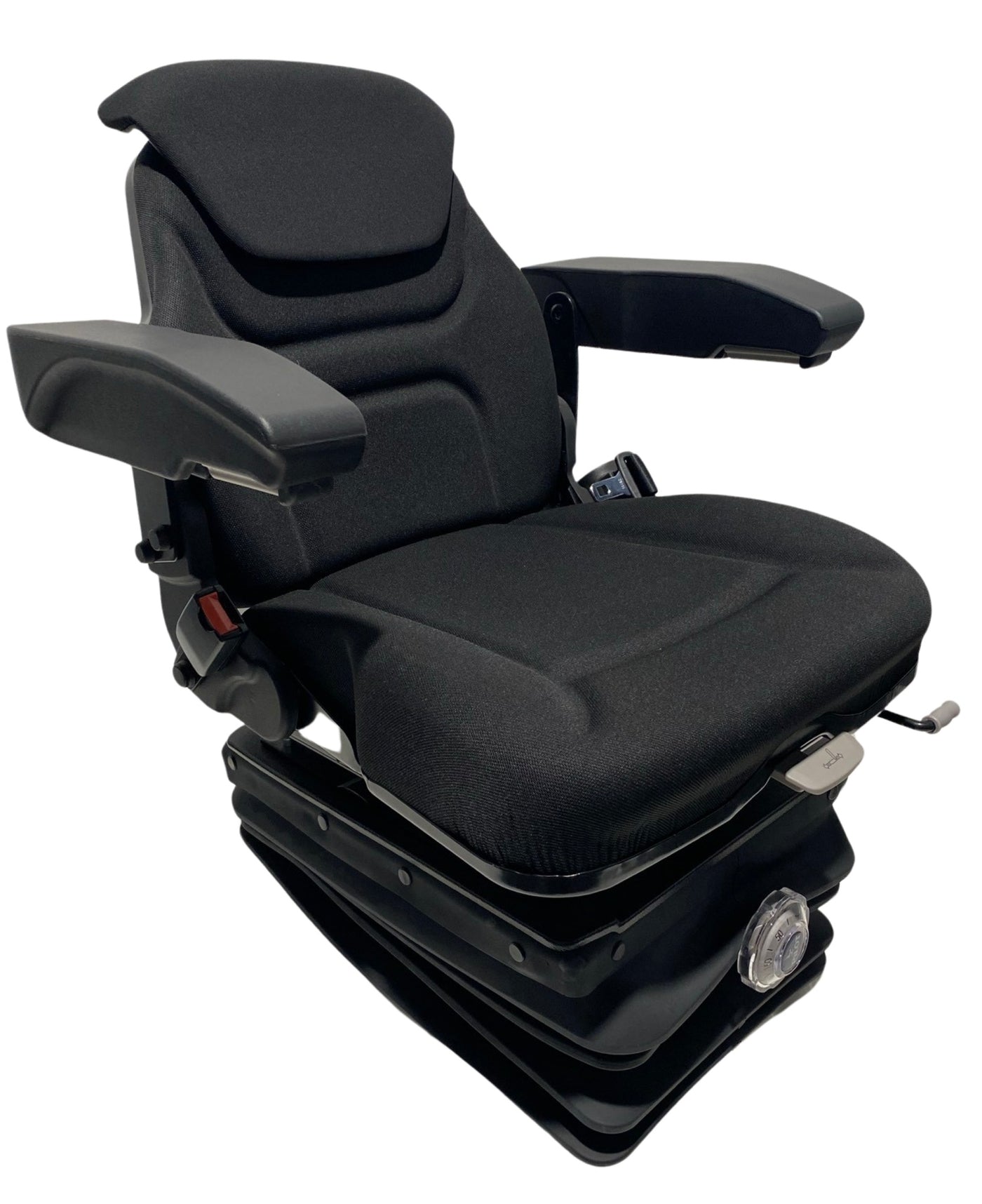 Right side profile of SC13 suspension seat with 360-degree turntable, adjustable height, and retractable lap seatbelt