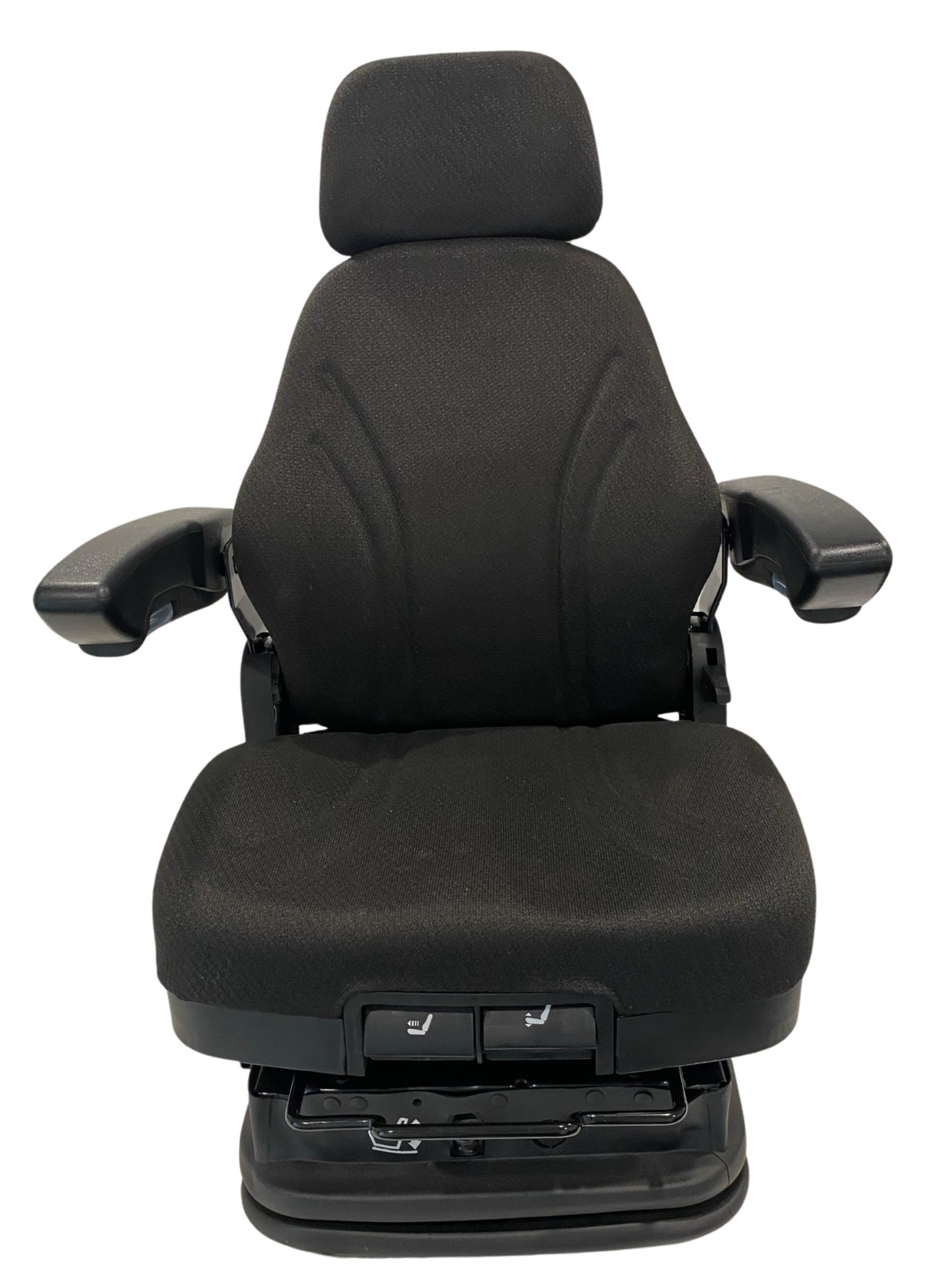 Front view of SC28 air suspension seat with black PU vinyl and fabric options for agricultural and construction machinery