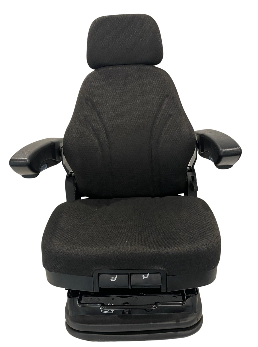 Front view of SC28 air suspension seat with black PU vinyl and fabric options for agricultural and construction machinery