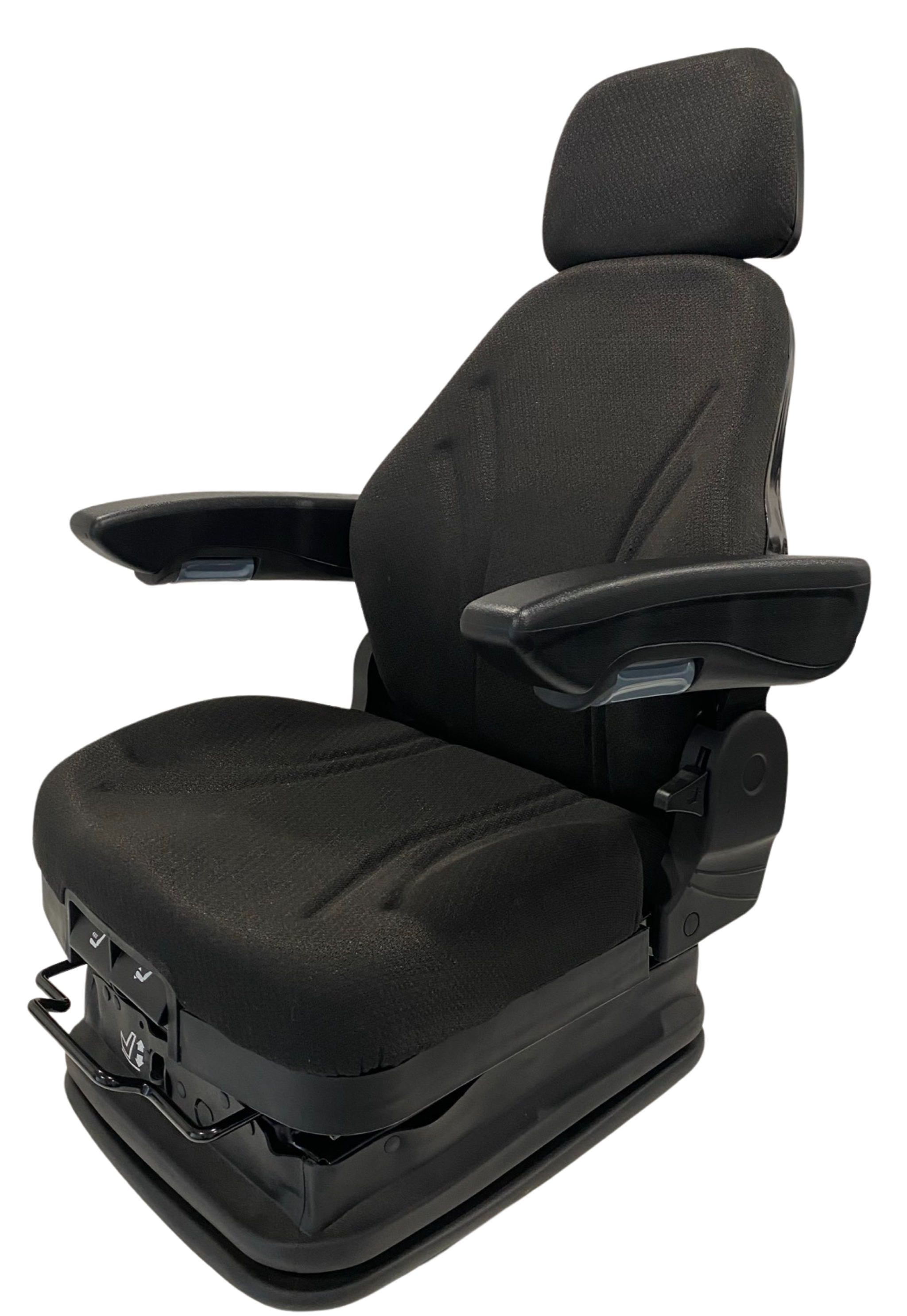 Left side view of SC28 air suspension seat with medium back height, strong steel-backed frame, and durable waterproof trim