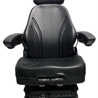 Front of SC28 air suspension seat showing integrated 12v compressor, seatbelt compatibility, and robust suspension system in PVC 