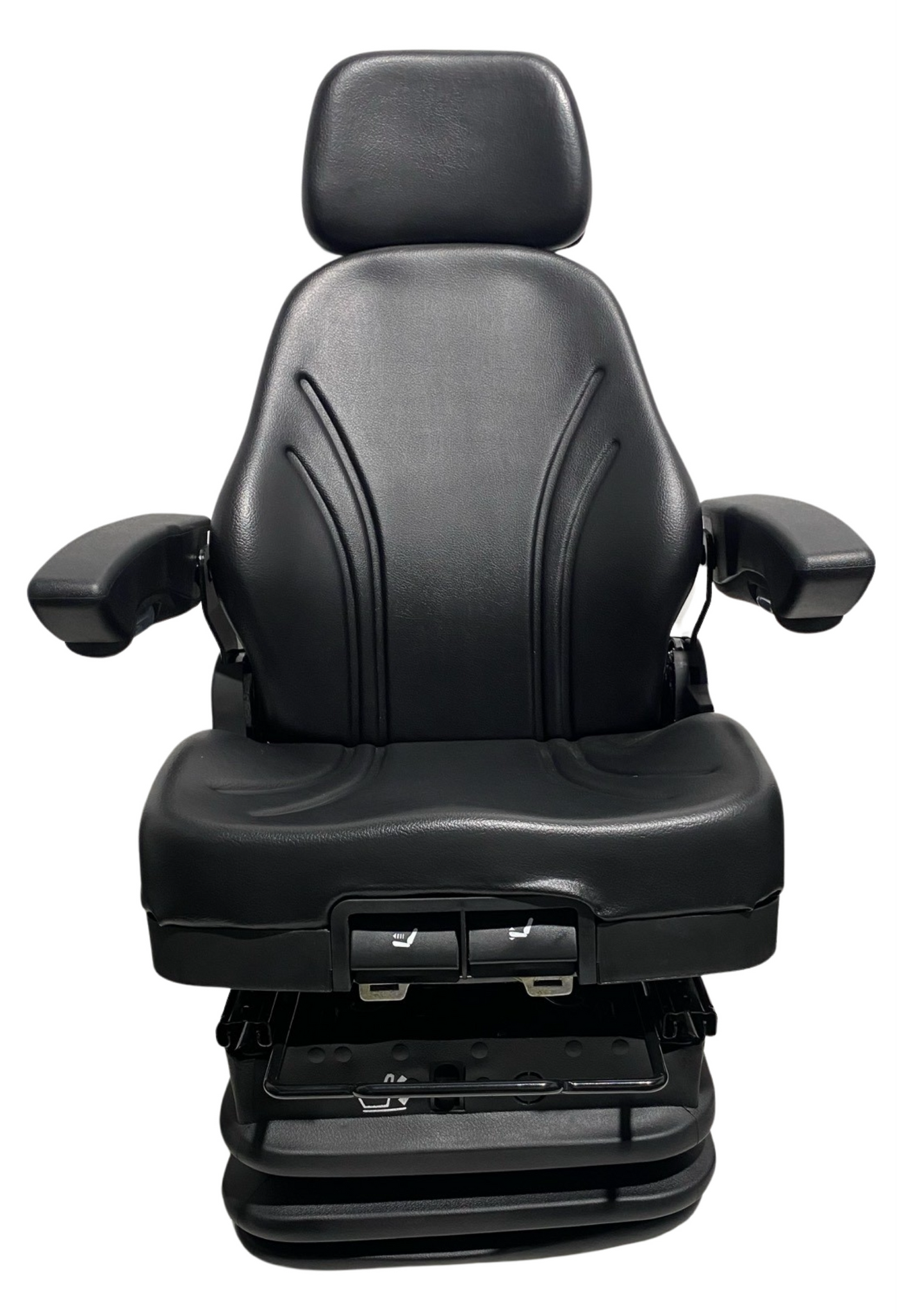 Front of SC28 air suspension seat showing integrated 12v compressor, seatbelt compatibility, and robust suspension system in PVC 