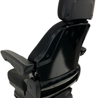 Rear view of SC28 air suspension seat with reinforced steel frame, operator present switch compatibility, and double locking slide rails
