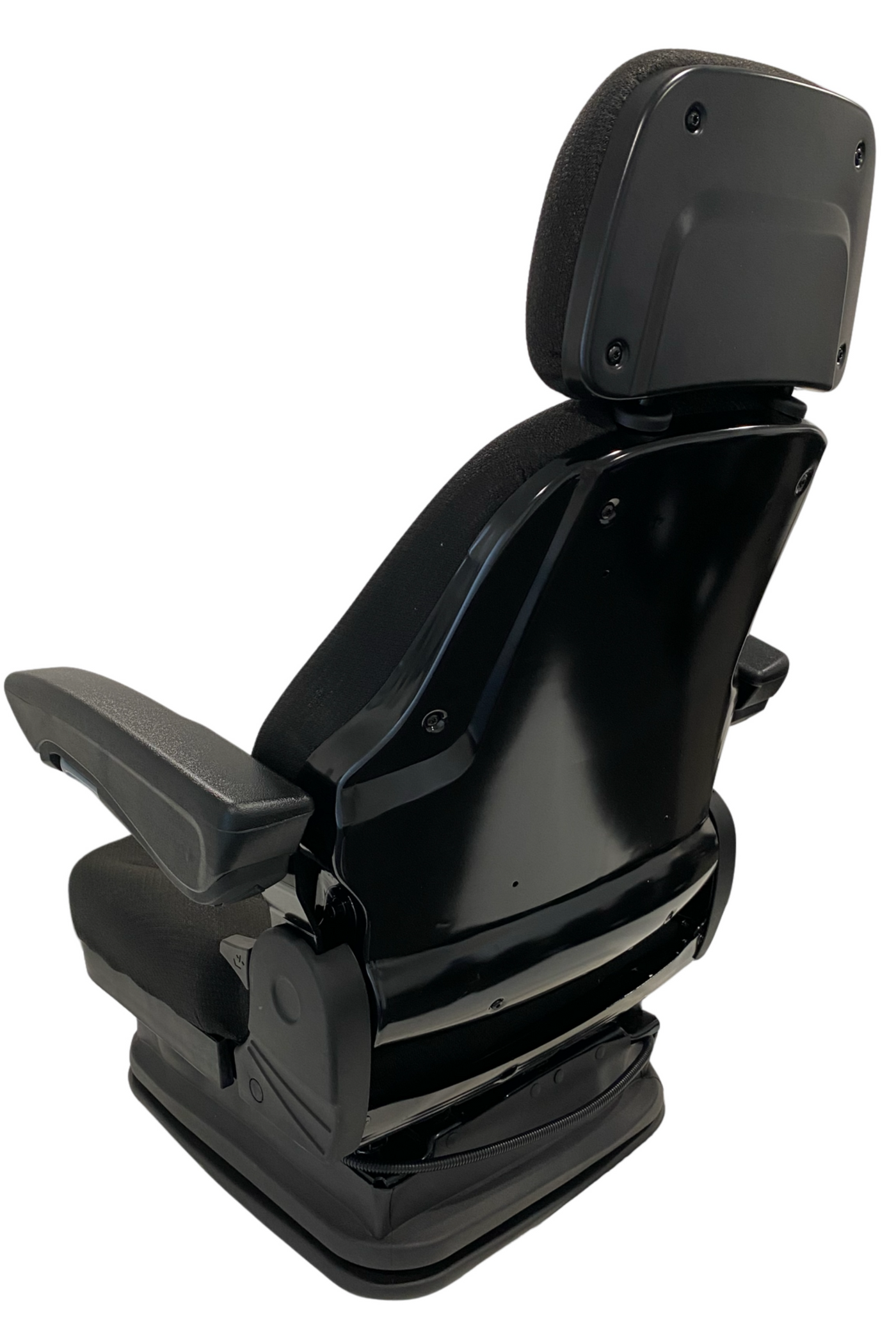 Rear view of SC28 air suspension seat with reinforced steel frame, operator present switch compatibility, and double locking slide rails