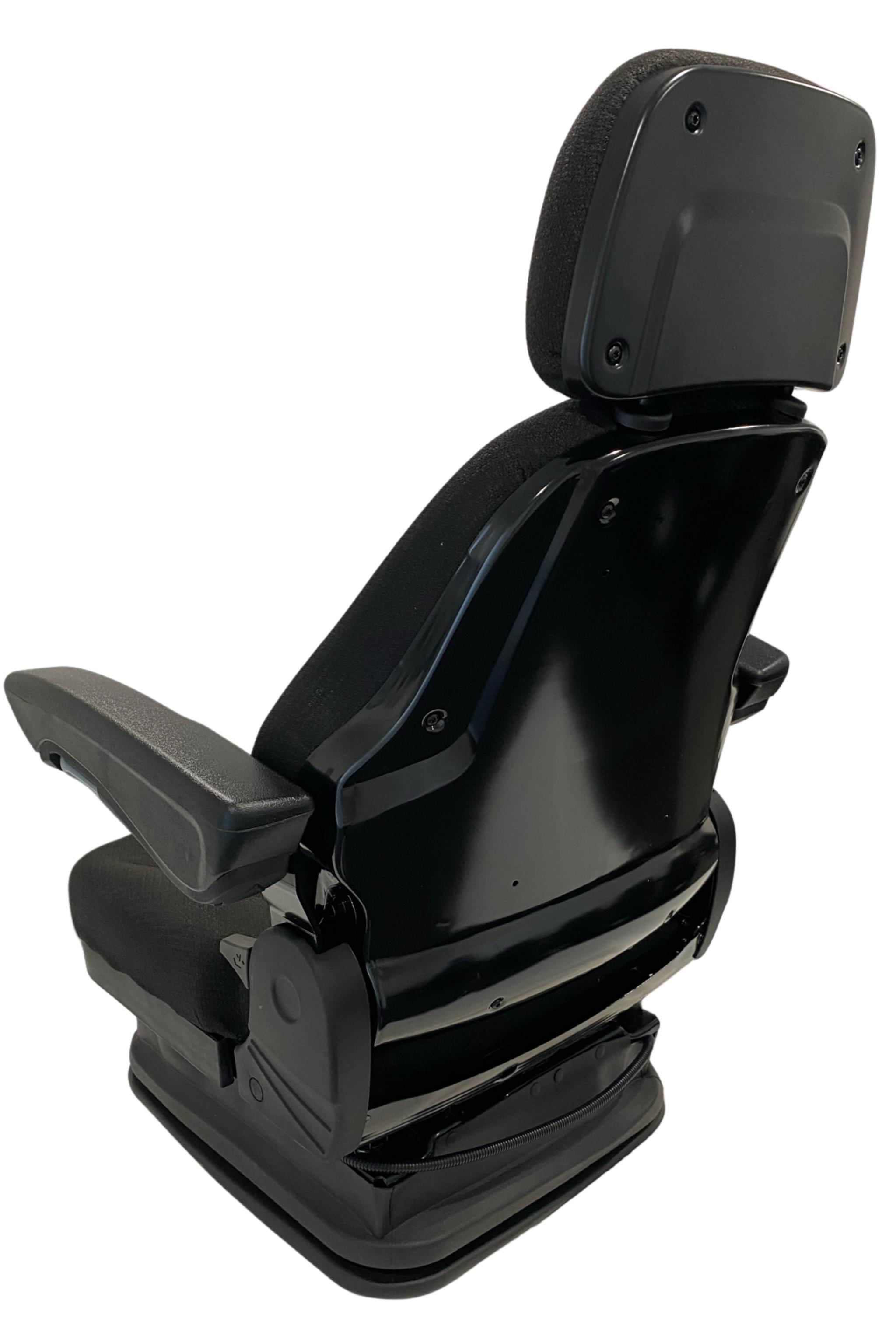Rear view of SC28 air suspension seat with reinforced steel frame, operator present switch compatibility, and double locking slide rails