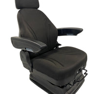Right side profile of SC28 suspension seat showing adjustable armrests, headrest, and front control levers for operator comfort