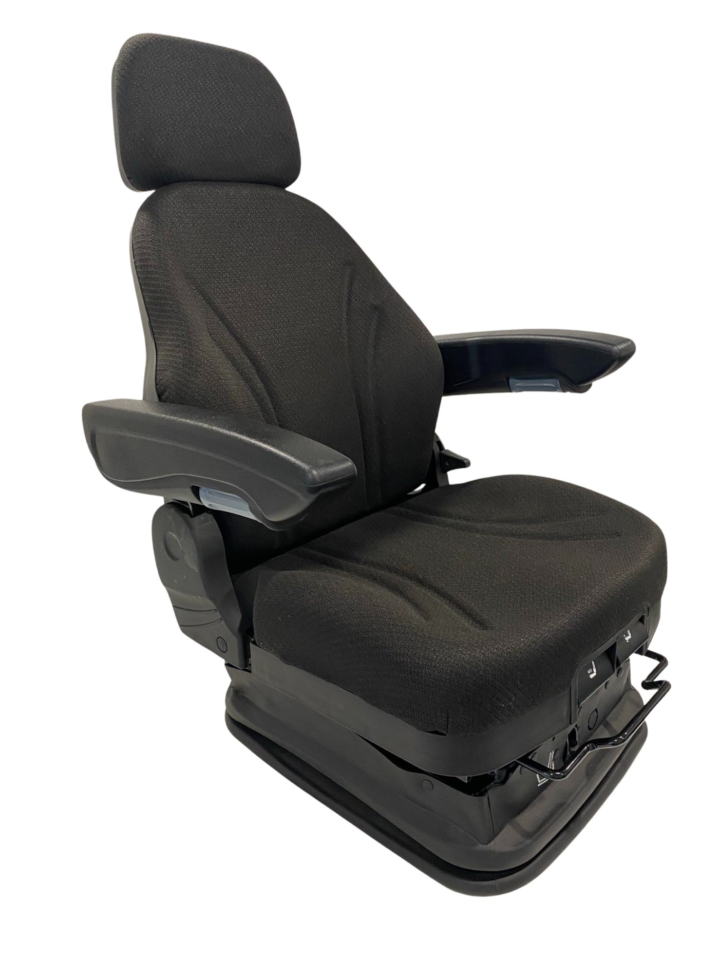 Right side profile of SC28 suspension seat showing adjustable armrests, headrest, and front control levers for operator comfort