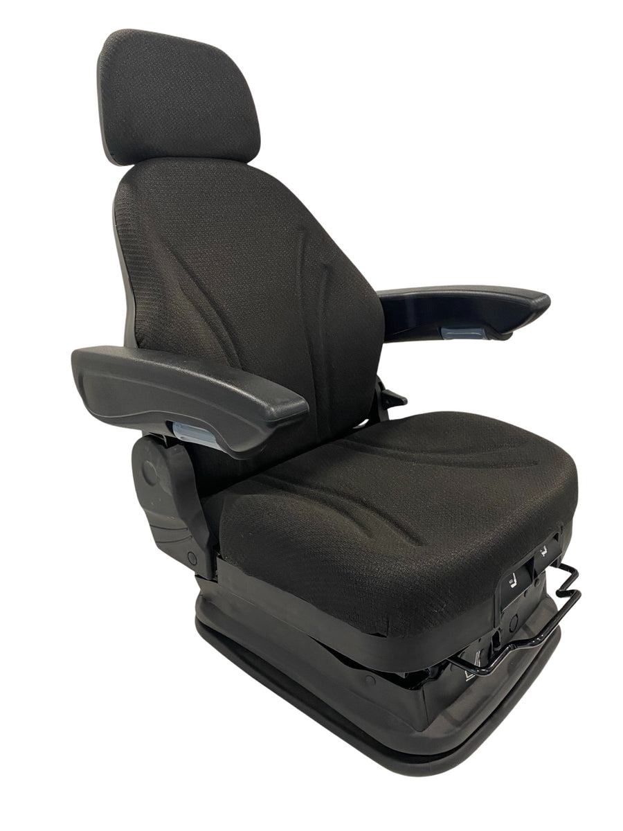 Right side profile of SC28 suspension seat showing adjustable armrests, headrest, and front control levers for operator comfort