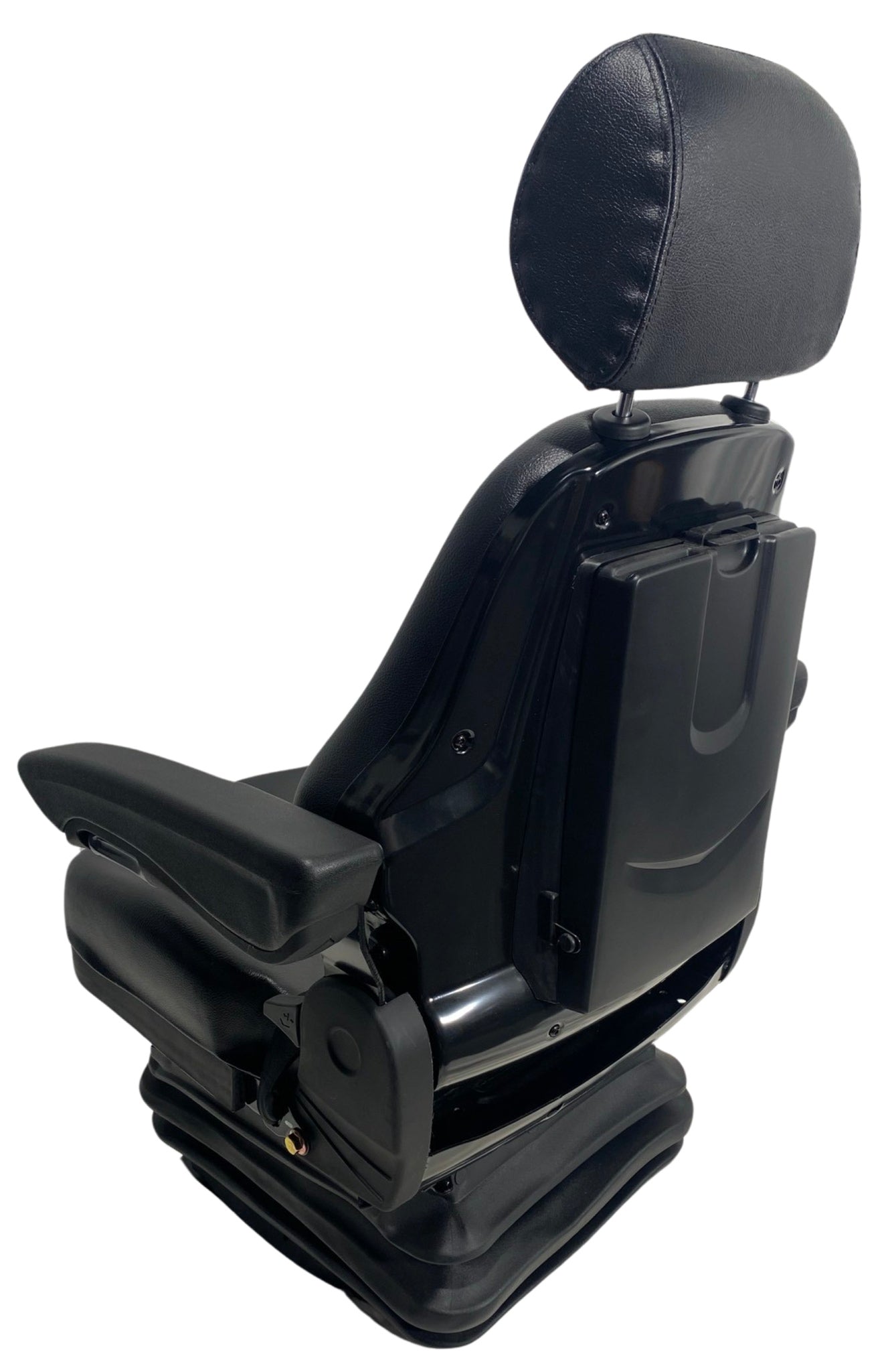 Rear view of SC28 seat with steel frame support and adjustable armrests for agricultural and construction machinery