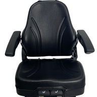 Front view of SC28 mechanical suspension seat with adjustable backrest, headrest, and armrests in durable trim