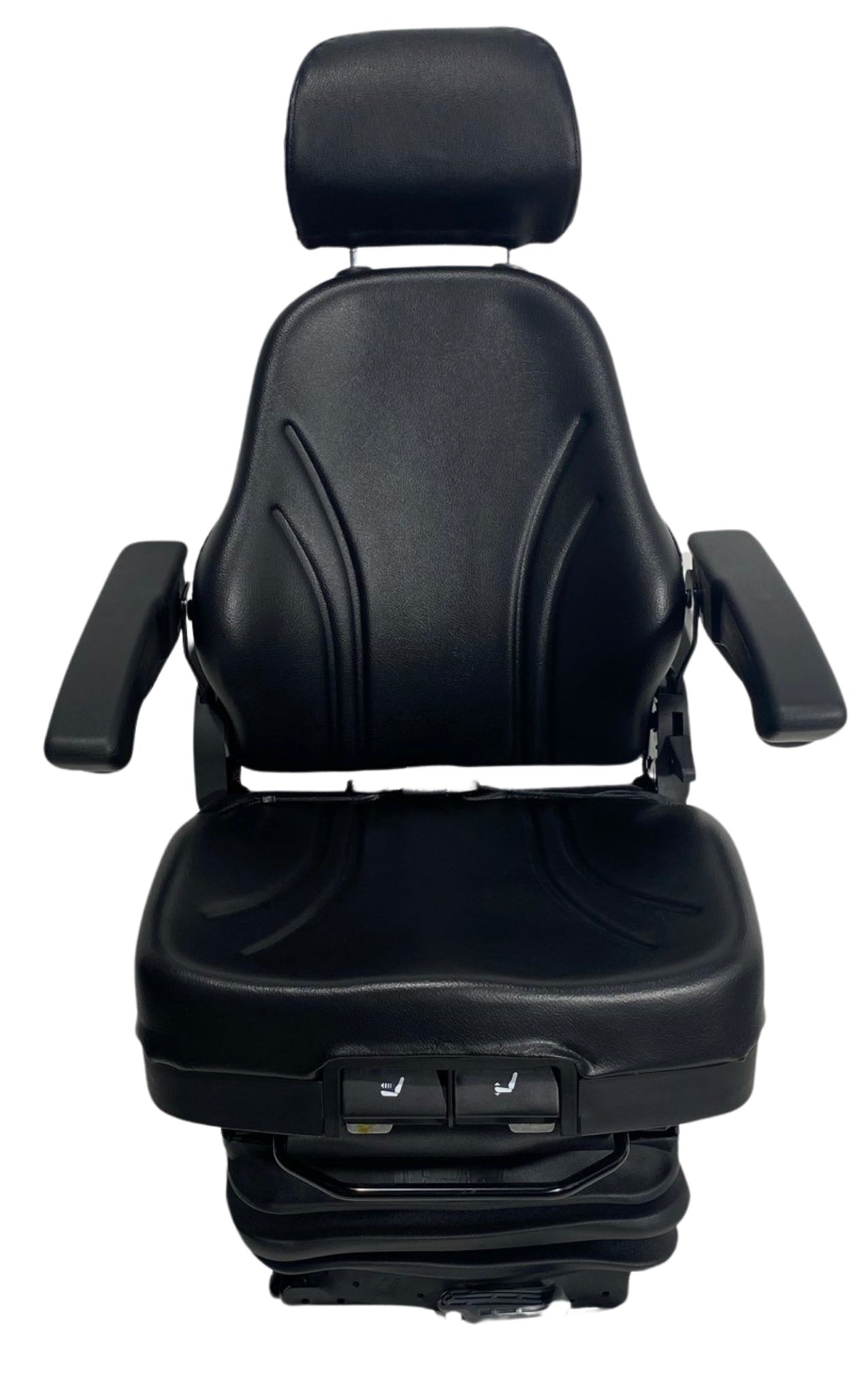 Front view of SC28 mechanical suspension seat with adjustable backrest, headrest, and armrests in durable trim