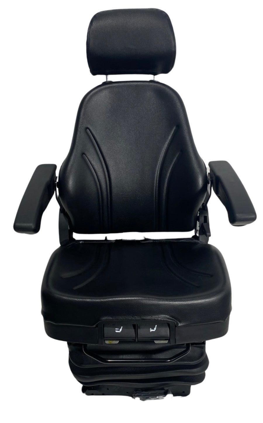 Front view of SC28 mechanical suspension seat with adjustable backrest, headrest, and armrests in durable trim