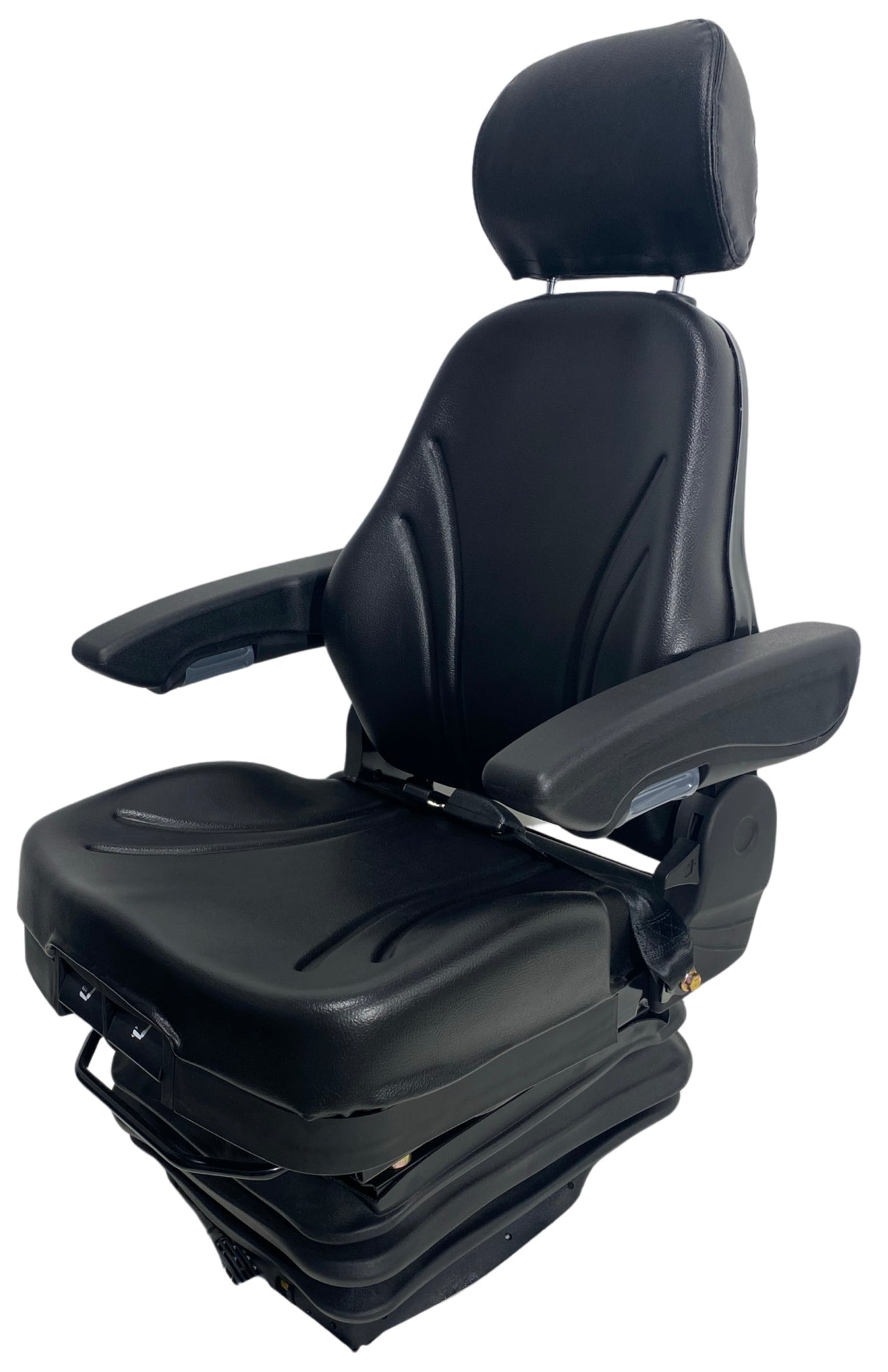 Left side view of SC28 mechanical suspension seat with strong steel-backed frame and waterproof upholstery