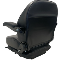 Rear view of SF17 suspension seat – black and grey PU vinyl upholstery with armrests and adjustable backrest