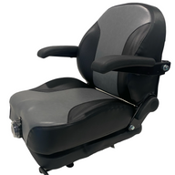 Left side view of SF17 mechanical suspension seat – showing armrest, plush seat cushioning, and accessible front controls for ride-on mowers and compact machinery