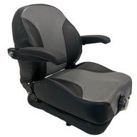 Right side profile of SF17 ride-on mower suspension seat – showing plush cushioning, armrest, and shock-absorbing suspension base