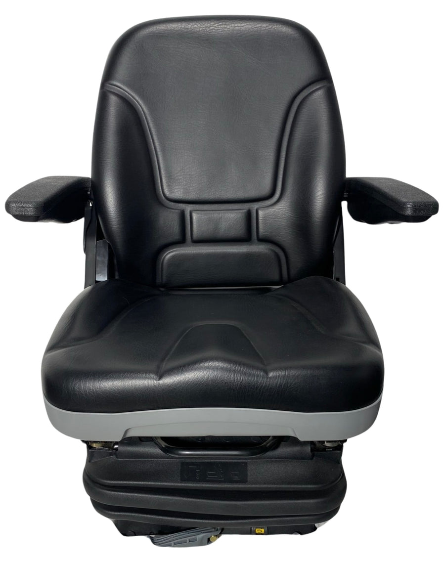 Front view of SHT-SC7 mechanical suspension seat with black PU vinyl and grey accents for tractors and small machinery