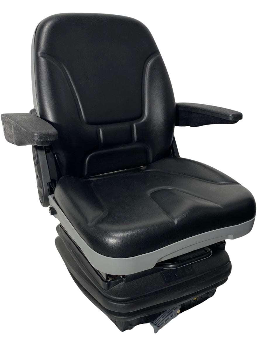 Right side profile of SHT-SC7 suspension seat showing adjustable backrest and armrests for operator comfort