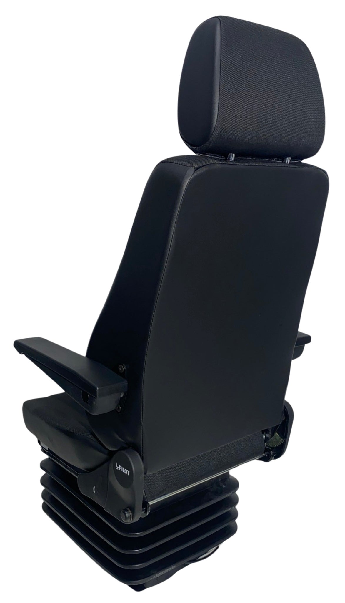 Rear view of SJ1-150 air suspension seat with integrated compressor and seatbelt compatibility for operator safety
