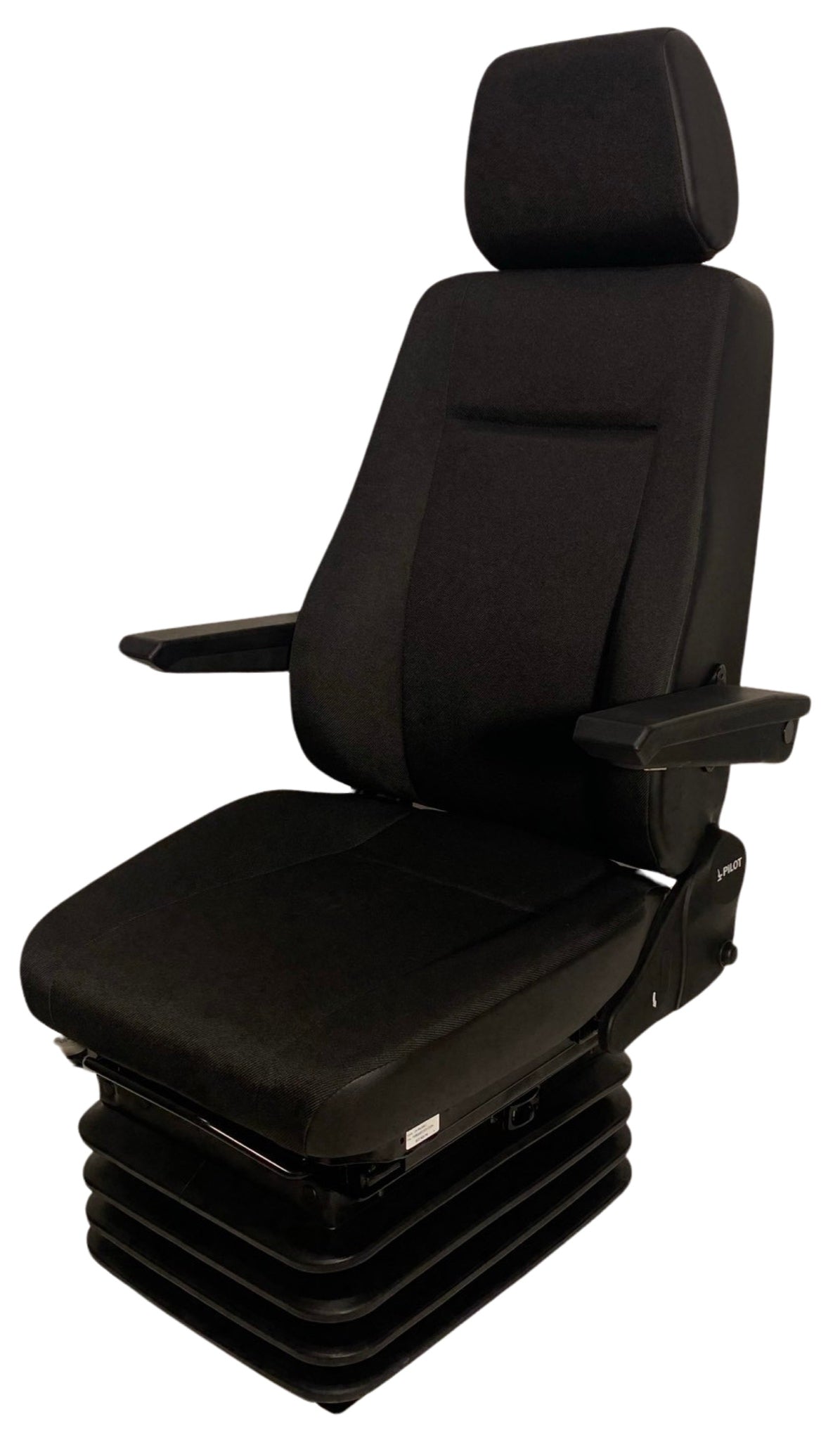 Left side view of SJ1-150 heavy machinery air suspension seat with headrest, lumbar support, and durable black fabric trim