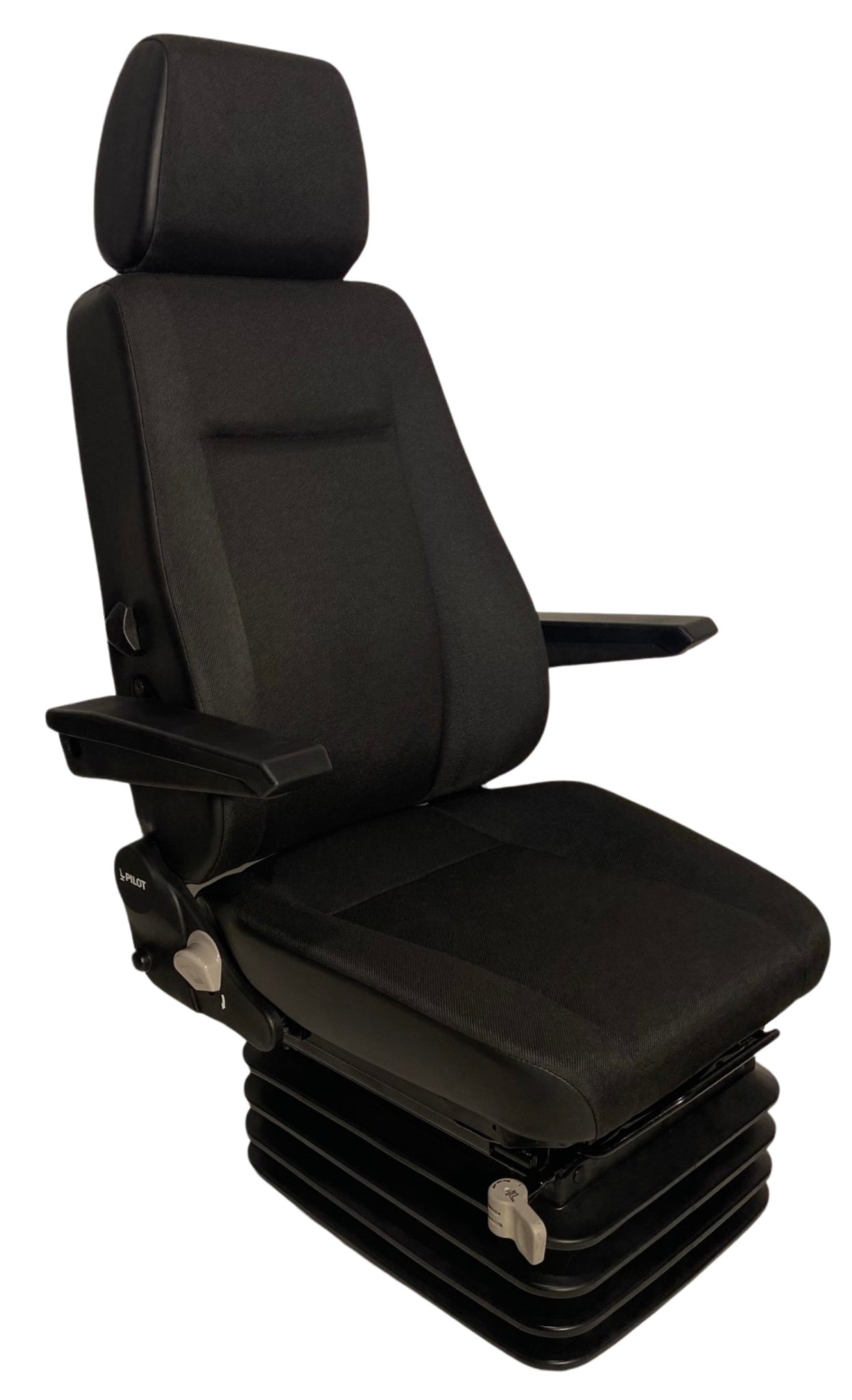 Right side profile of SJ1-150 air suspension seat showing side controls, adjustable armrests, and ergonomic backrest