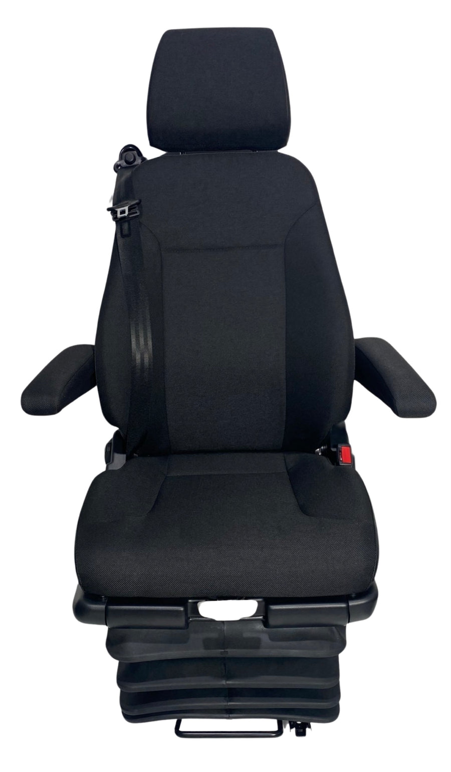 Front view of SJ2-150 M2/N2 rated air suspension seat with black heavy-duty fabric for trucks and motorhomes